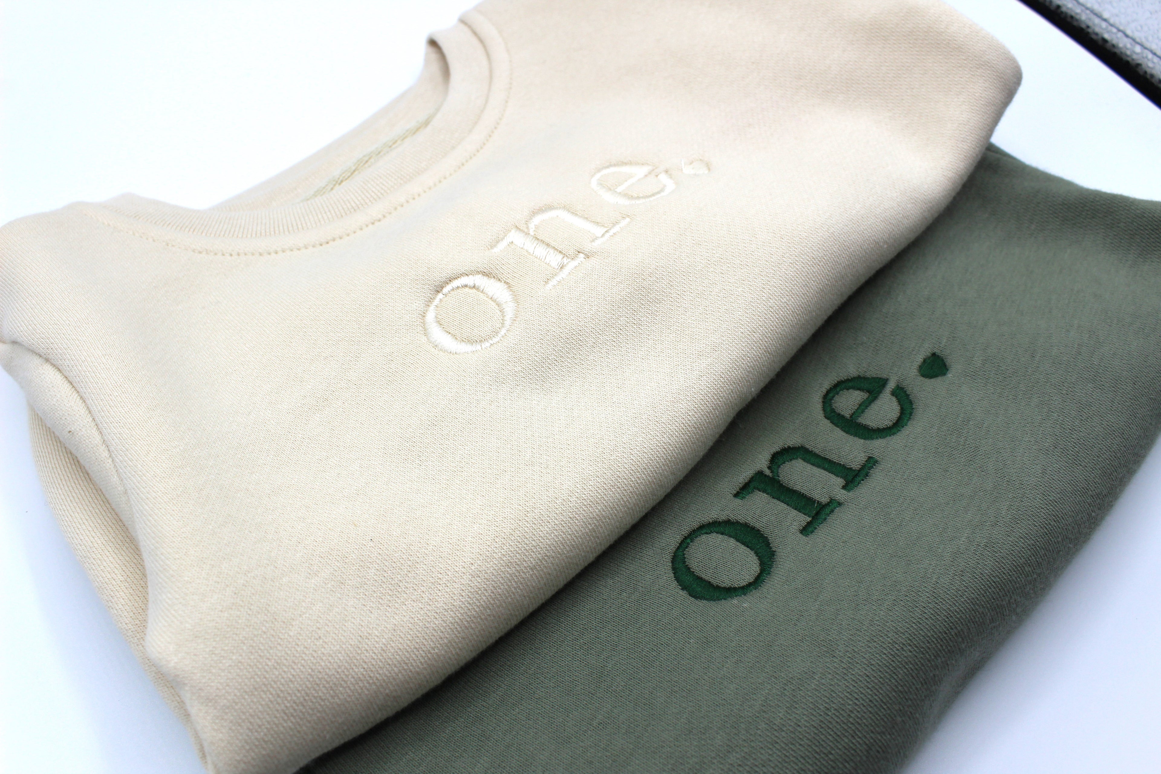 Cream with Ivory thread and Olive sweatshirt with Dark green thread